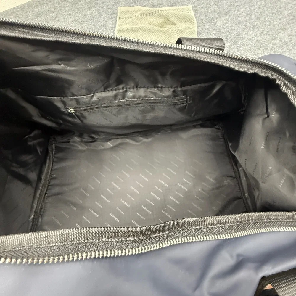 Versace Parfums Navy Blue Nylon Duffel Weekend Bag Greca Pattern Backpack Straps